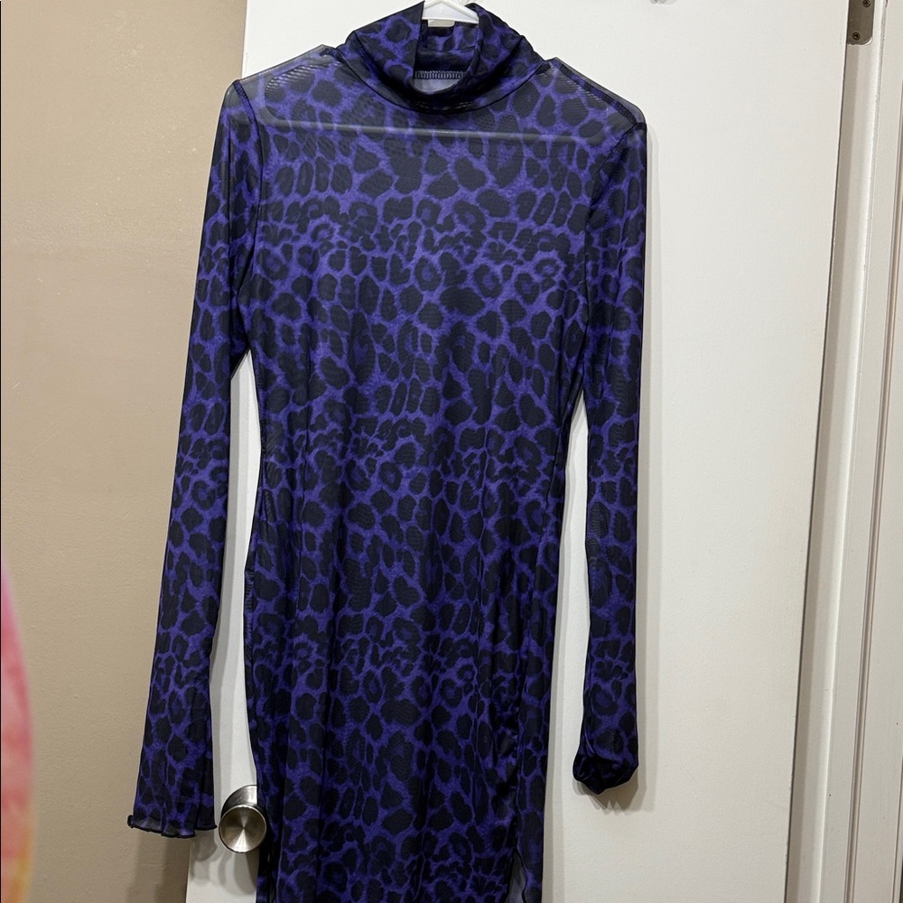 Sheer Purple Leopard Print Long Sleeve Dress